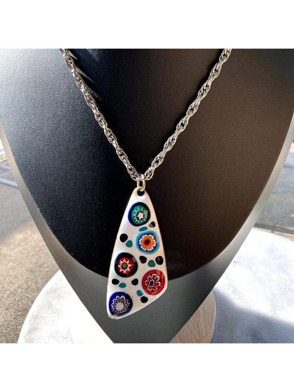 Enamel on Copper Artisan Pendant Necklace Unique Vintage Mandala Patterns Large